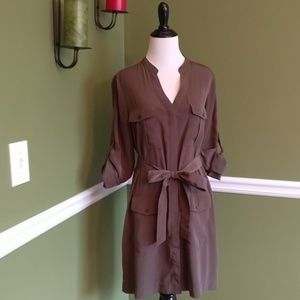 Express khaki green button down dress with sash